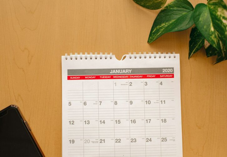 Planning and events, month of January on a calendar